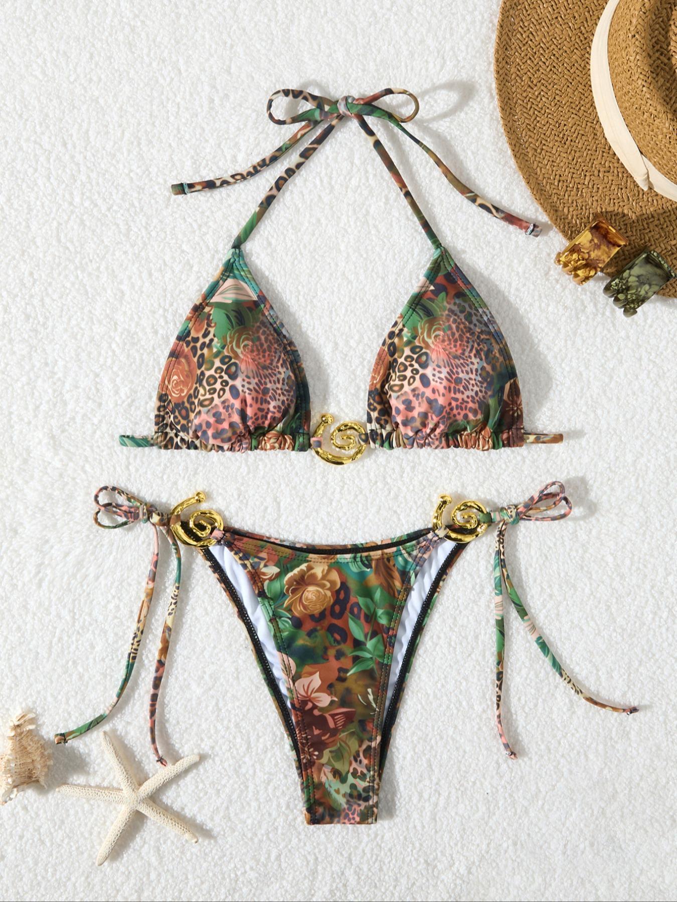 Two-Piece Set Women's All Over Print Bikini Set, Casual Fashion Chic Triangle Swim Bra & Swim Panty Swimsuit Set, Ladies Swimwear for Beach Holiday Vacation, Floral Print Bikinis, Flower Print Bikini