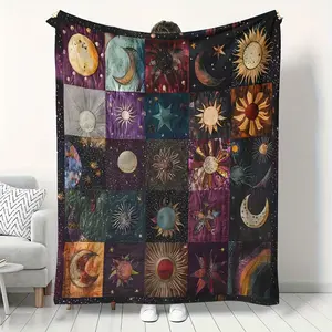 1Pc Vintage Celestial Sun & Moon Geometric Print Flannel Blanket - Soft 100% Polyester Knit 200-250Gsm All-Season Throw For Sofa, Bed, Camping, Travel - Machine Washable Cozy Gift For Home & Outdoor Use, Sofa Throw |   Decorative Blanket |   Machine Washa