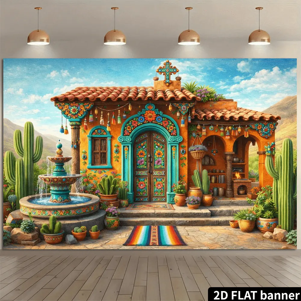 2D Flat HD Digitally Printed Polyester Photographic Backdrop - Mexican-Style Painted Courtyard Fountain & Plants Pattern, Soft Lightweight Foldable Cloth for Product Photography, Portrait Shooting with Photographic Images, One-Piece