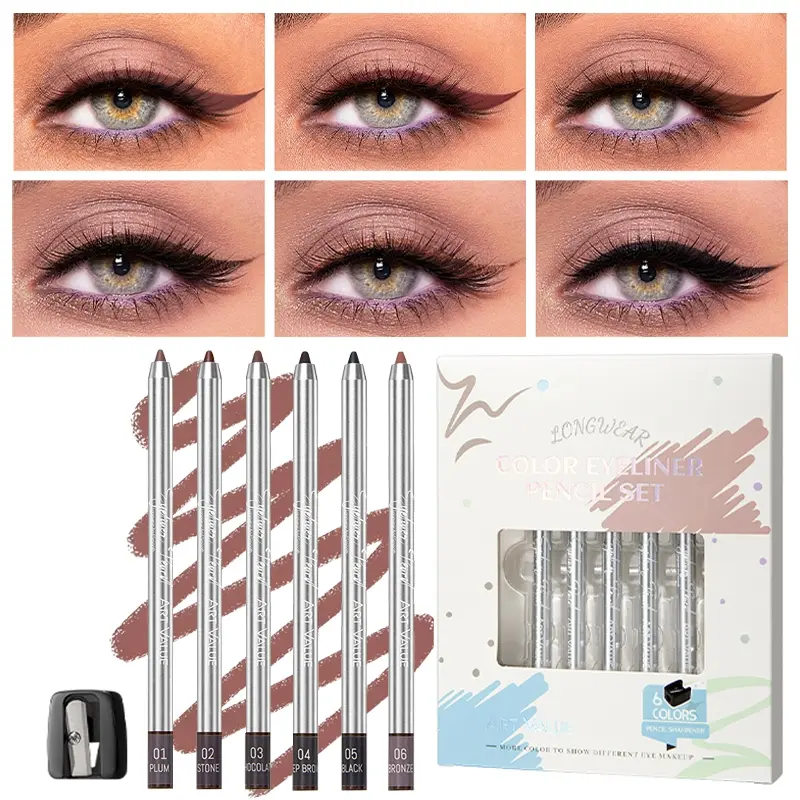 6-color eyeliner pencil set, silky application, color rendering and anti smudge, lasting eye makeup, 2-in-1 eyeliner pencil set