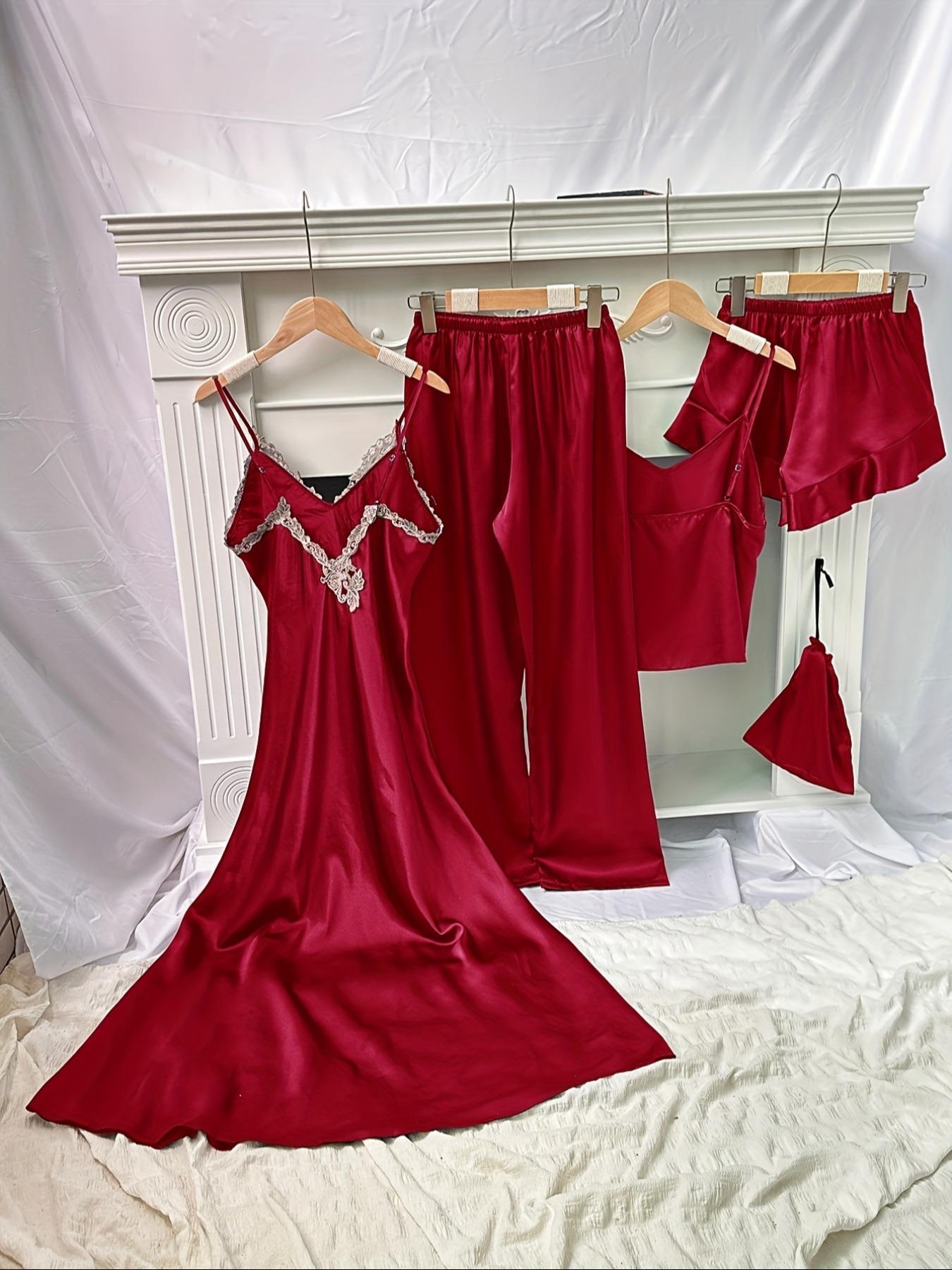 Women's Soft Satin Pyjama Set, Contrast Lace Cami Nightdress & Backless Cami Top & Tie Front Ruffle Hem Shorts & Pants & Storage Bag, Ladies Summer Outfits 2024