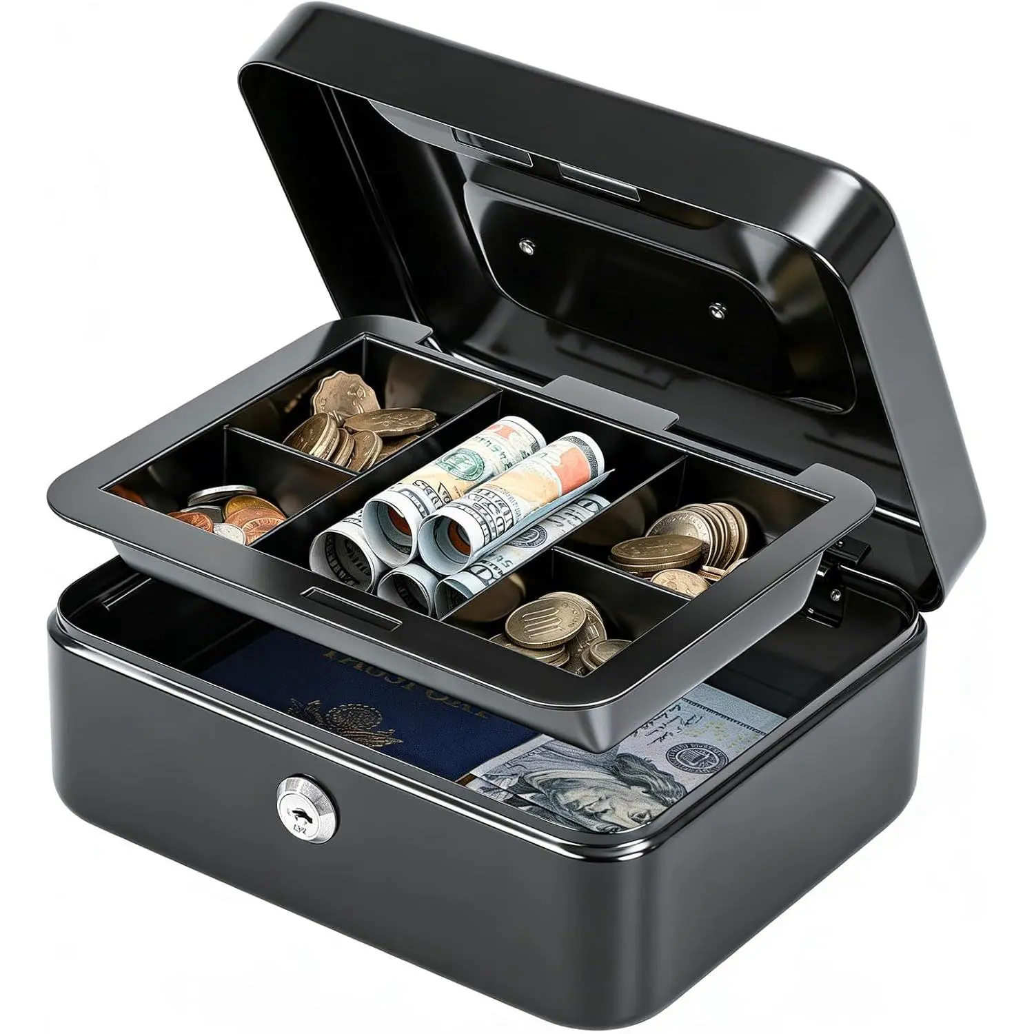 Black Medium Stainless Steel Cash Box with Removable Money Tray, Key Lock Box with 2 Keys, Handle & Safe Cash Drawer, 7.87"x6.30"x3.54", Removable Tray
