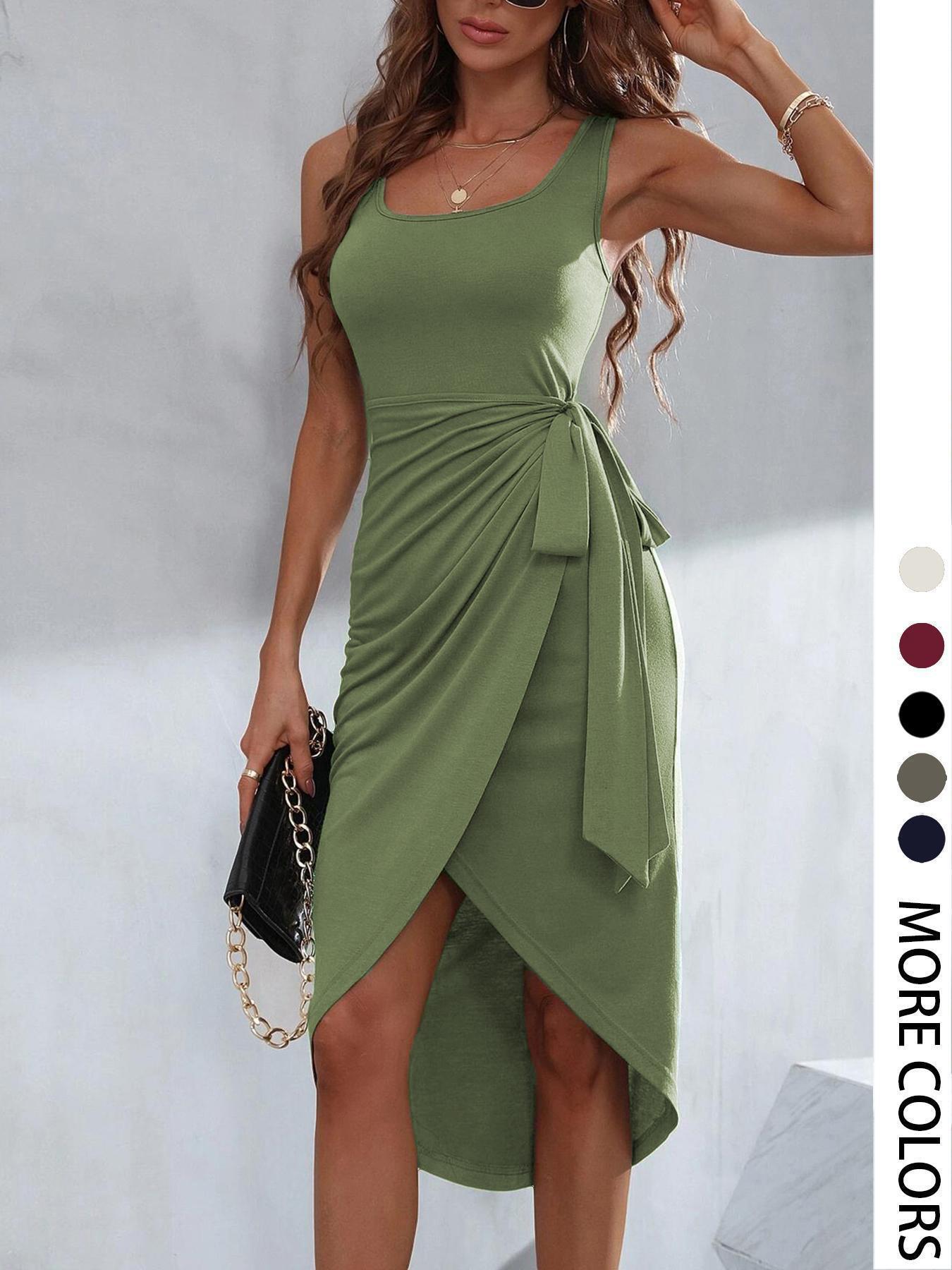 Women's Plain Dress, Casual Sleeveless Dress for Summer, Women's Clothing for Daily Wear, Elegant Draped Style