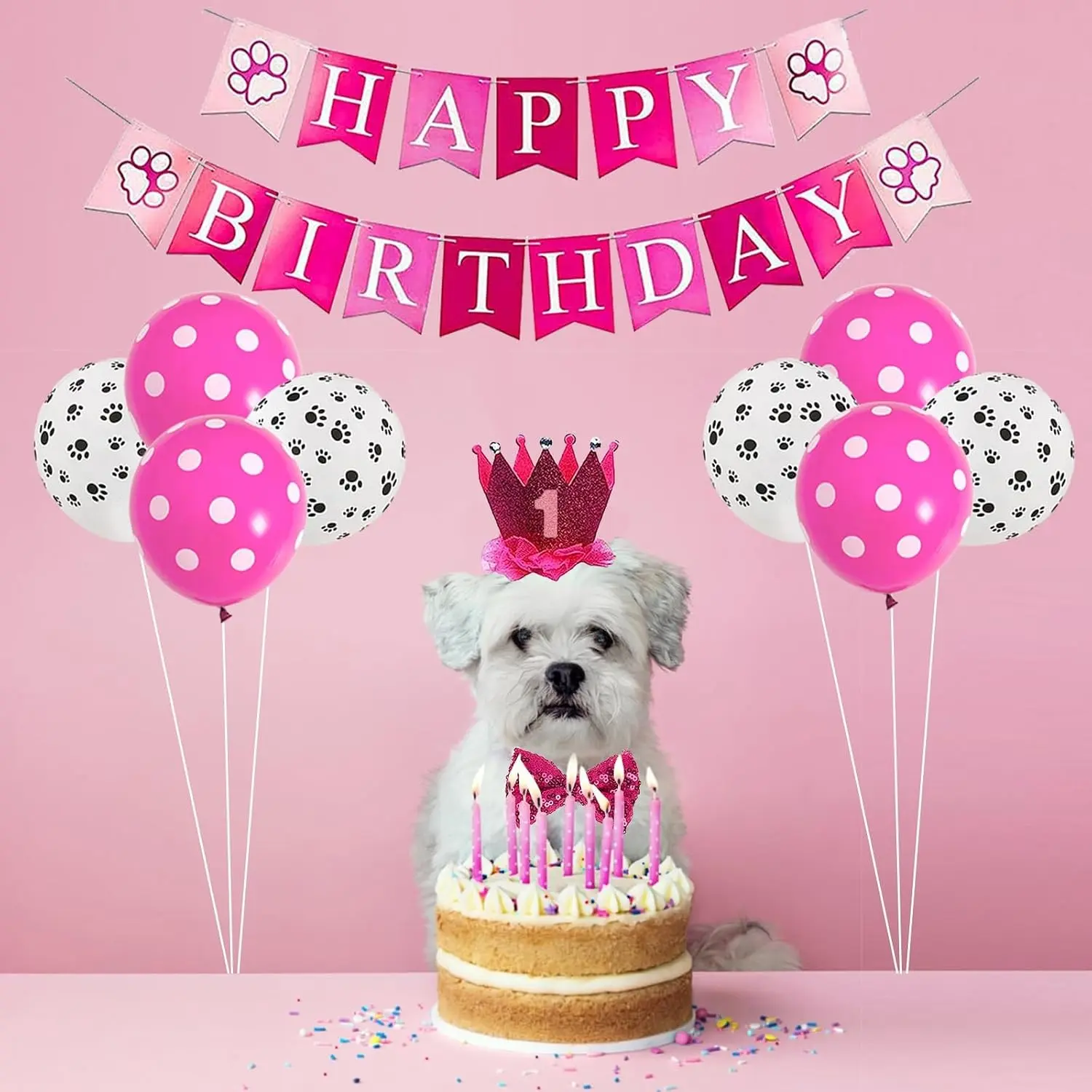 Multi-Functional Dog Birthday Party Supplies, Crown Scarf, Numbered Bow, Dress, Paw Balloons, Girl Dog Birthday Decorations