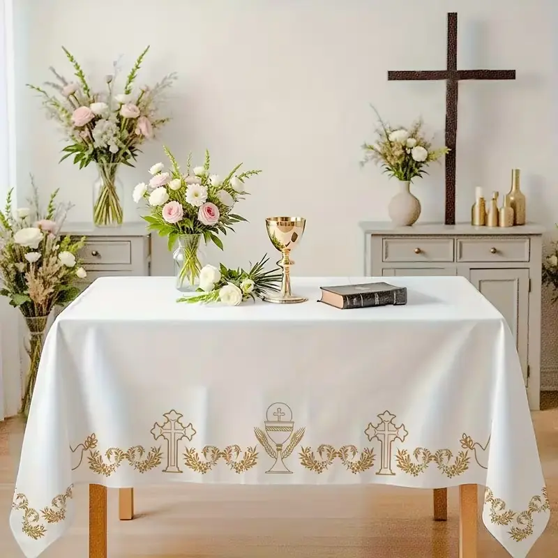 Elegant Polyester Tablecloth, Cross and Dove Print, Ideal for First Communion, Baptism, Religious Events, Indoor/outdoor Decor