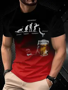 3D Printed Beer Evolution Pattern T-Shirt, Humorous Monday-Friday Design, Gradient/ Casual Short Sleeve, Durable Print Quality, Casual Summer Tee