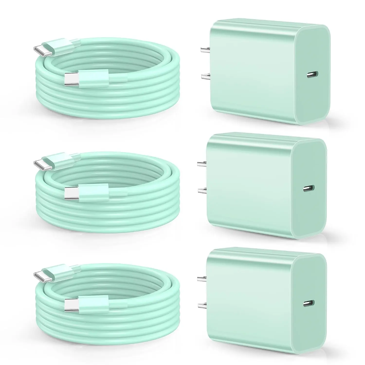 Phone Charger Block with 10ft USB-C Cables, 3-Pack Light Green USB-C Mobile Phone Charger