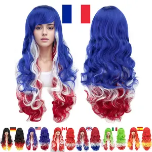 Adults' France National Flag-Inspired Red-White-Blue Ombre Long Curly Synthetic Hair Wig with Bangs, Stylish Costume Wig for Halloween, Sports Parties