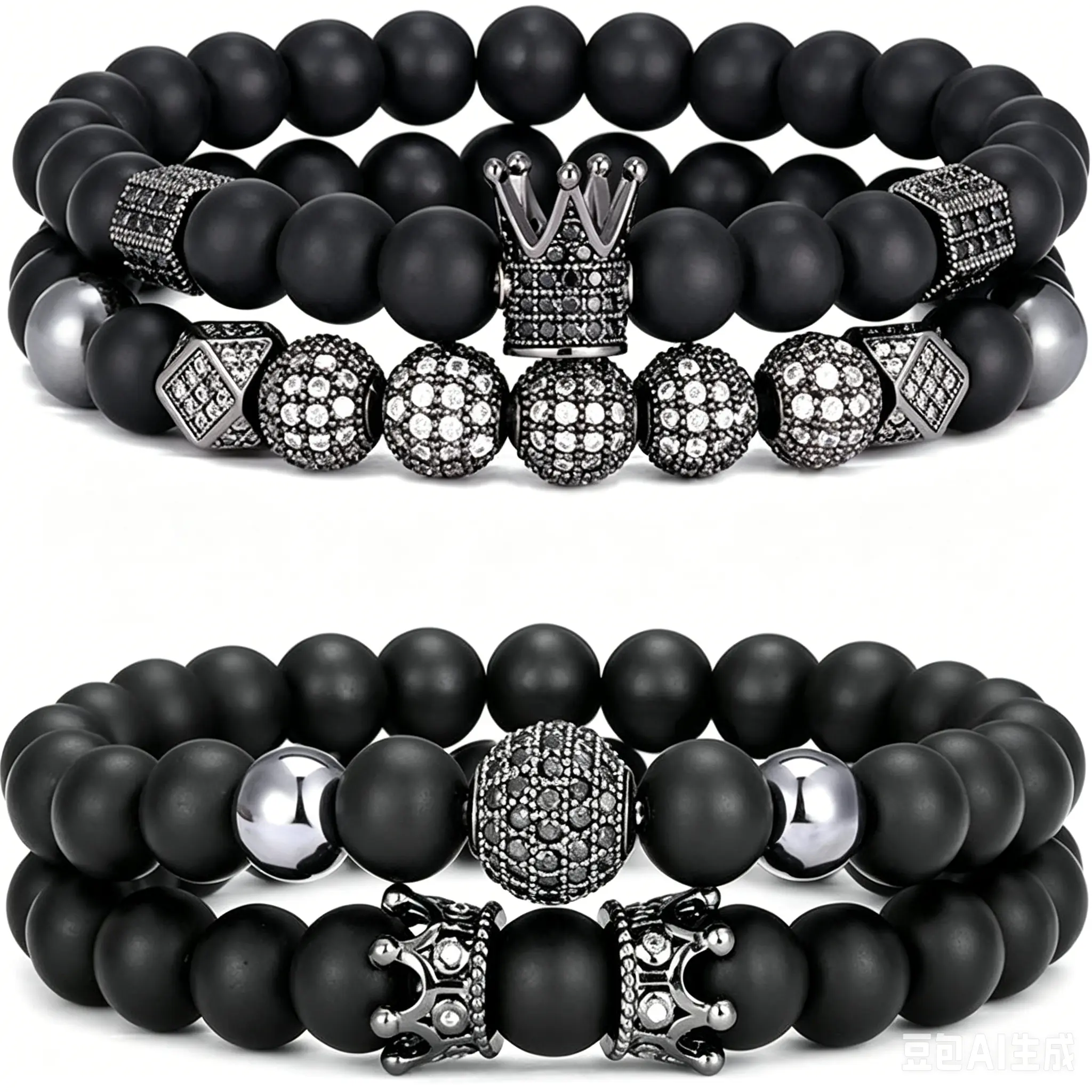 Men's 4-Piece Stackable 8mm Bead Alloy Metal Bracelet Set - Black Matte Stone Bangles with Crown Charms, Unisex Comfortable Classic Fit, Stretch, Father's Day Christmas Daily Gift, Casual Party Arm Candy Accessories