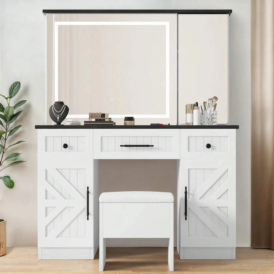 Farmhouse Vanity Desk With Mirror Vanity Set With Stool 3 Adjustable Light Modes, 3 Drawers 2 Cabinets Dressing Vanity Desk Set  Bedroom