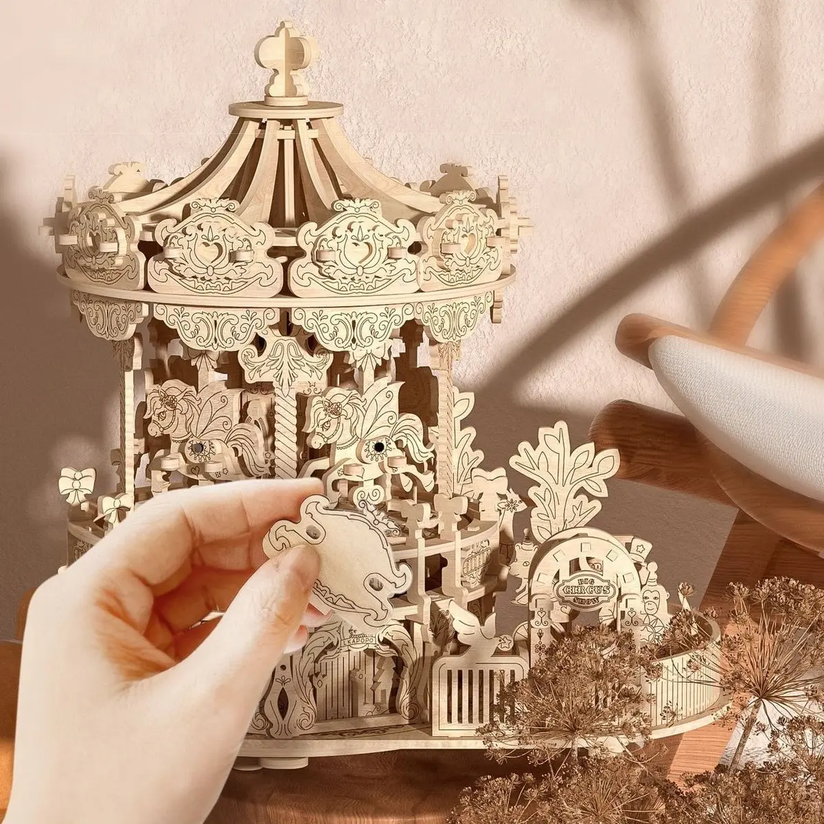 Back-To-School Gift, Halloween Decorative Ornament, Christmas Gift, Music Box Carousel 3D Puzzle, DIY Wooden Model, Adult Educational Toy