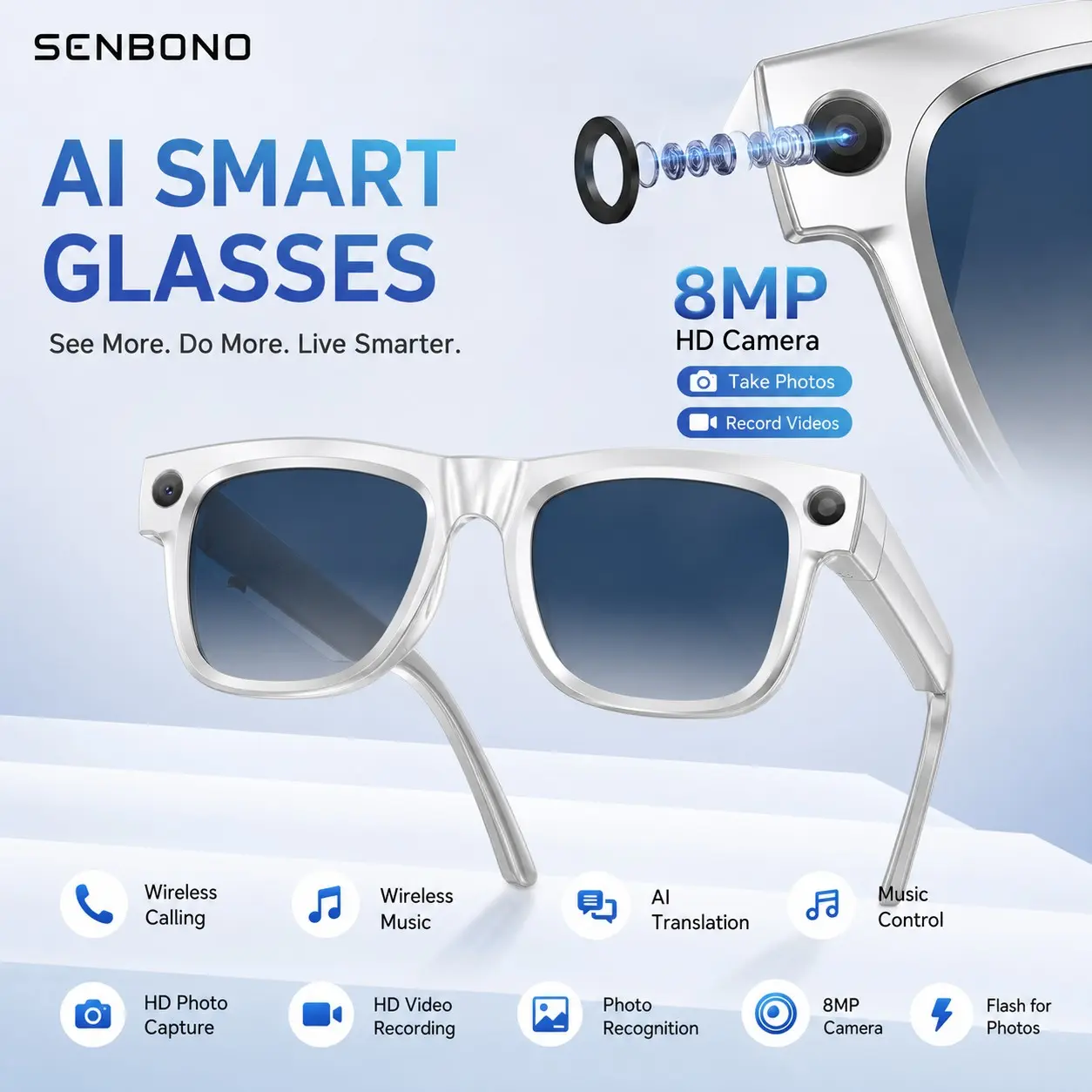 SENBONO Smart Glasses with 8mp Camera, Touch Control Bluetooth-compatible, Dual Speakers, Ideal for Commuting, Fitness, Travel, Daily Entertainment