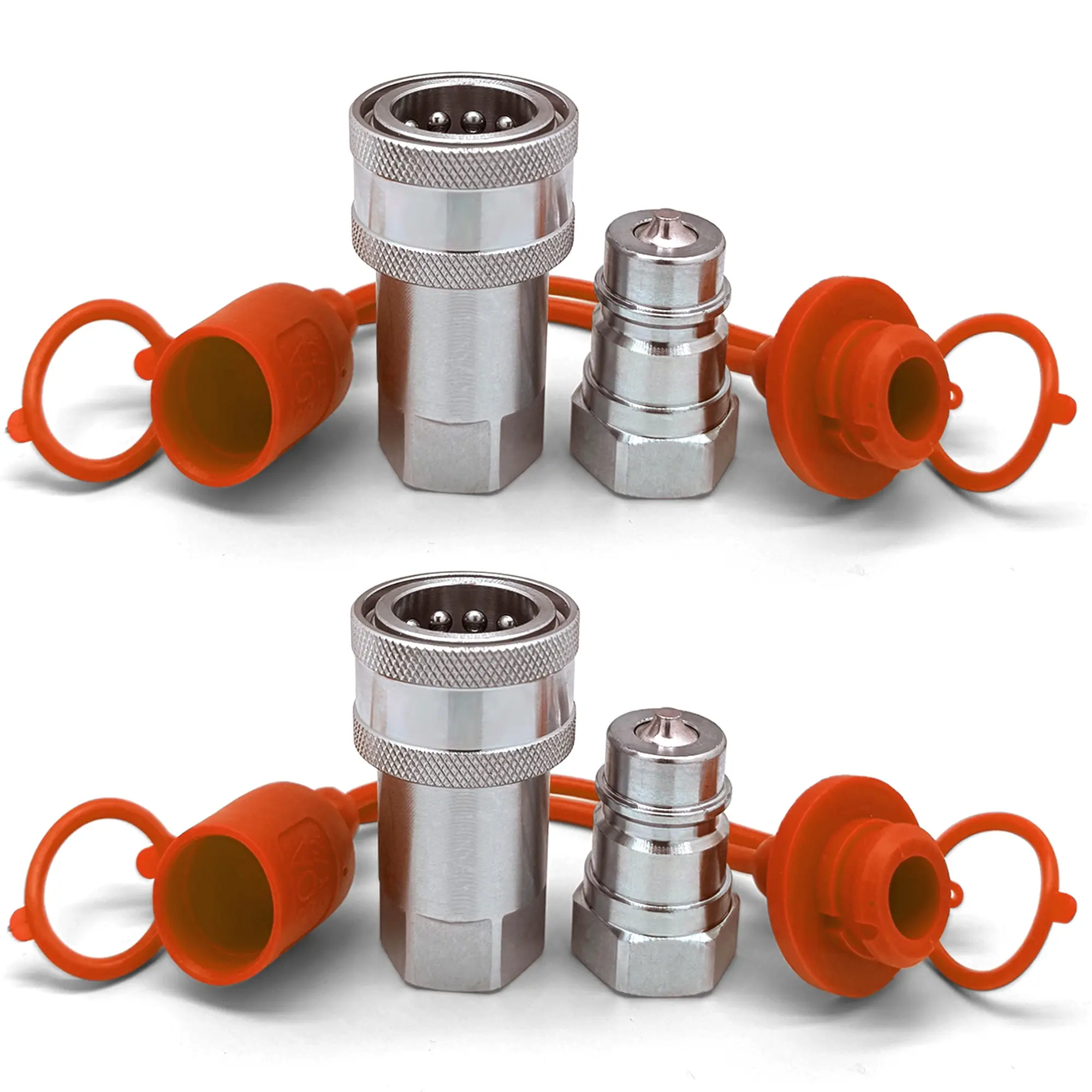 2-Sets 1/2" BSPP Hydraulic Quick Connect Couplers, ISO 7241-A/ ISO 5675 Interchange, Carbon Steel Poppet Valve, 4000 PSI, with Dust Caps and protective cover for Agricultural & Construction Equipment, Tractor