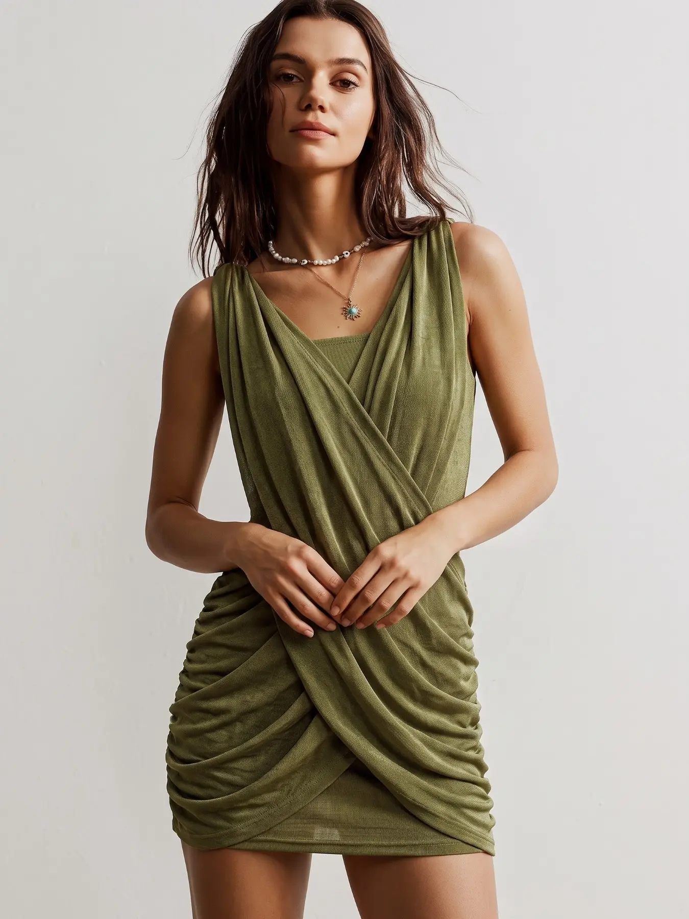 Olive Cross Wrap Ruched Sleeveless Bodycon Mini Dress, Fashionable Women's Solid Pattern Dress, Perfect for All Seasons, Ideal for Going Out