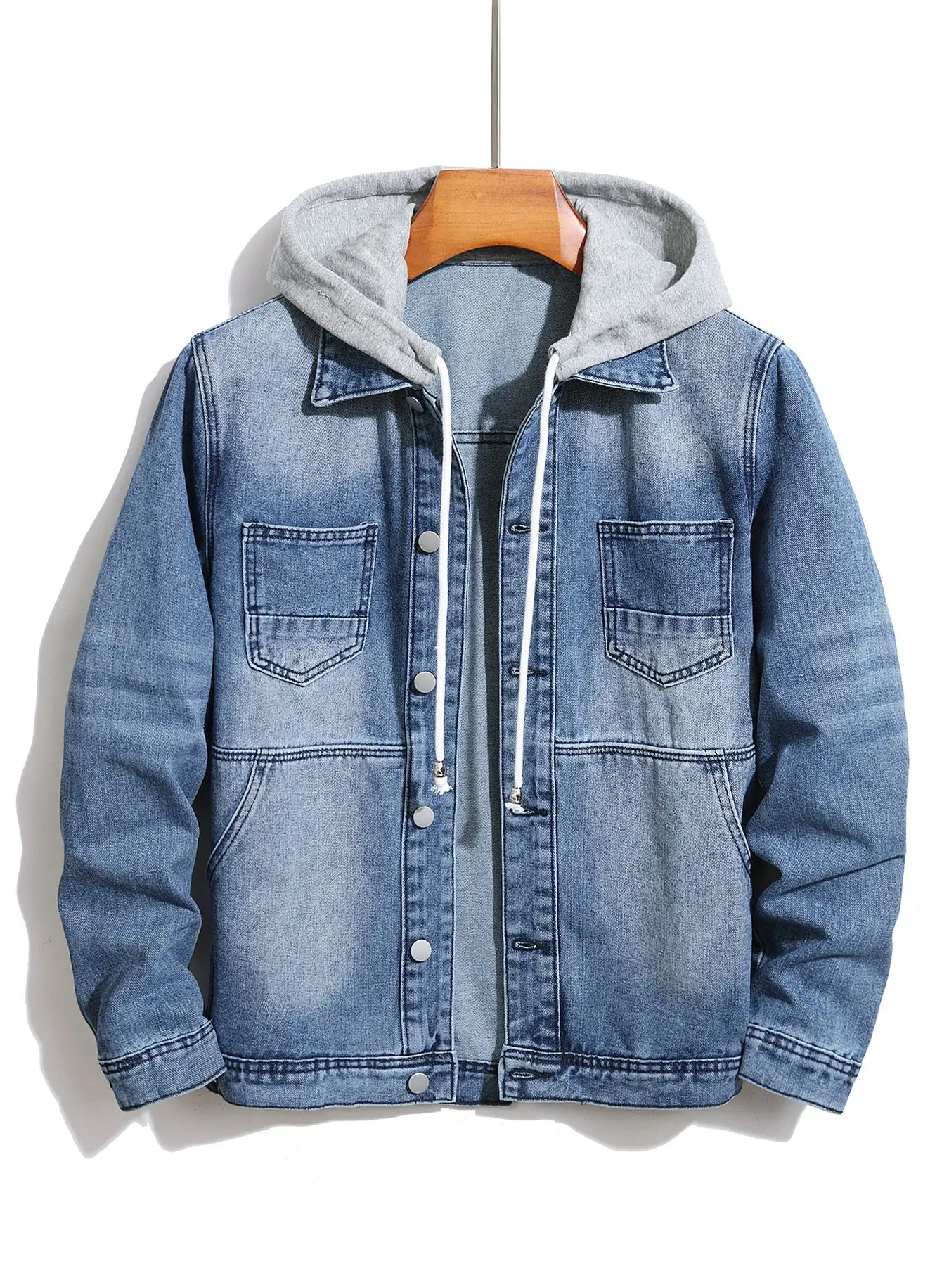 Men's Hooded Denim Jacket, Fake Two-Piece Patchwork, Detachable Sweatshirt Hat, Drawstring Sweatshirt Coat, Fall, Gift for Boyfriend Family