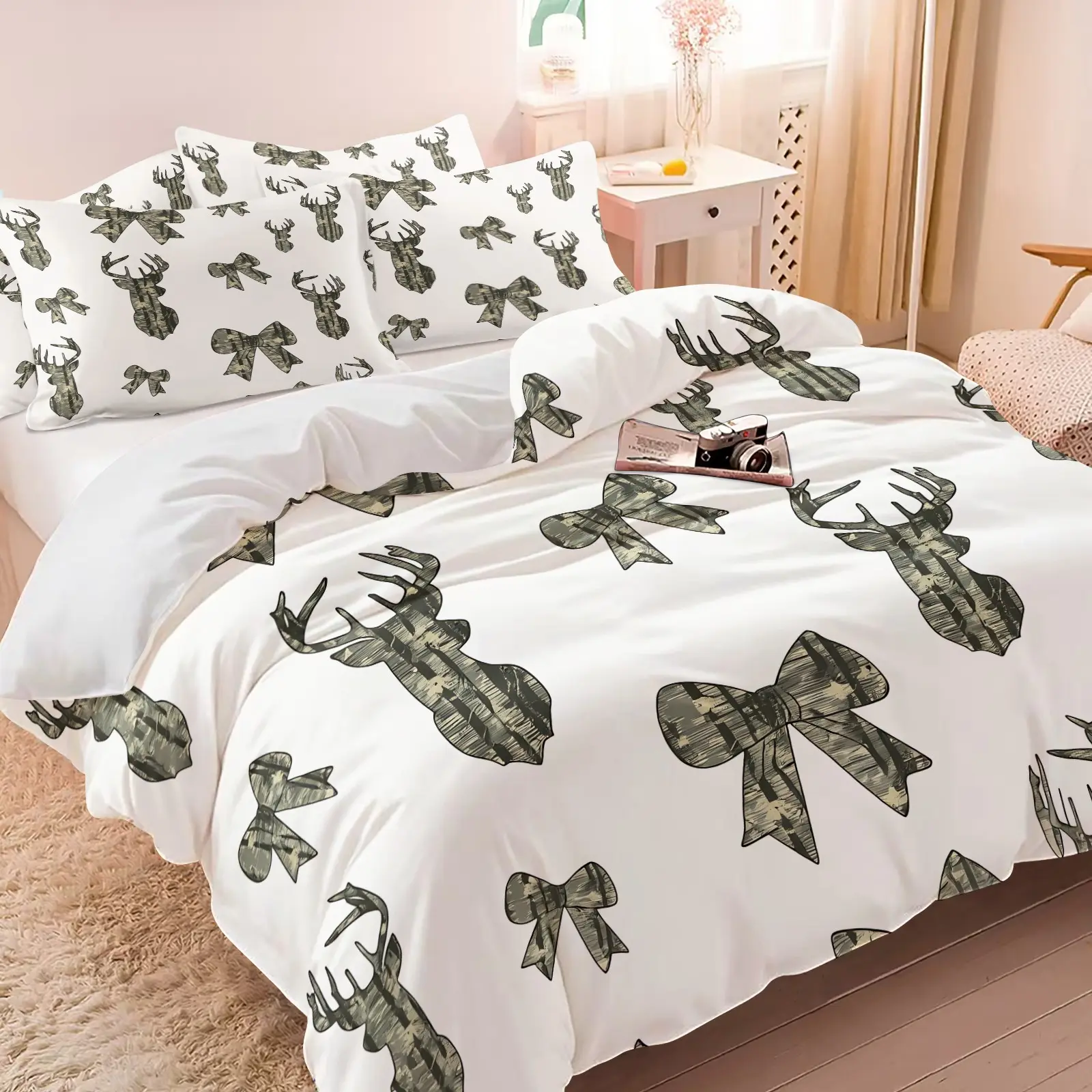2/3Pcs Soft Camo Deer Bow Comforter Set Birch Tree Camouflage Stag Head Ribbon Print Bedding Rustic Country Lightweight All Season Bed Set For Hunting Farm Girls Bedroom