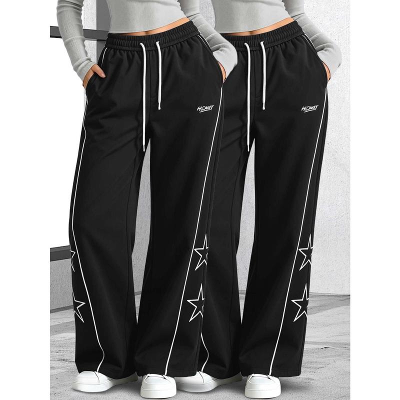 Female 2-Piece Loose-Fit Wide Leg Joggers - Y2K Star Print Vintage Streetwear, Drawstring Elastic Waist Casual Sporty Pants, Breathable Polypropylene Universal Sport Athleisure Bottoms, Breathable Activewear Sportswear for Daily Wear