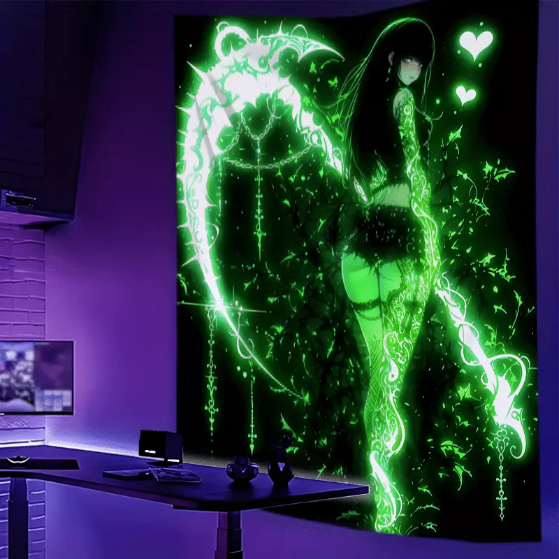 Cute Anime Girl Tapestry for Bedrooms – Green Scythe and Heart Motif, Black Glow-in-the-Dark Background, Dark Magic Aesthetic; Suitable for Living Room Decor (Gothic Style)