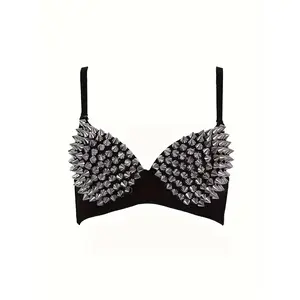 Rivet-detailed Strappy Camisole with Padded Cups, Outer-wear Bodysuit. Sexy, Hot, Socialite, Teenage, Punk Group Singer, Nightclub DJ, Bar Party, Music Concert, Performance Outfit, Bra-vest Top