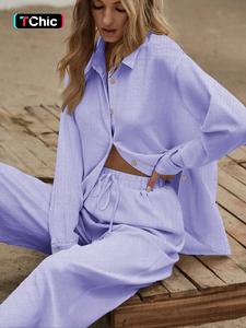 two-piece set women's solid color button front long sleeve shirt & wide leg pants, cute casual comfy set for daily wear, ladies clothes for all seasons, longsleeves womenswear, casual outfit set, casual fashion set