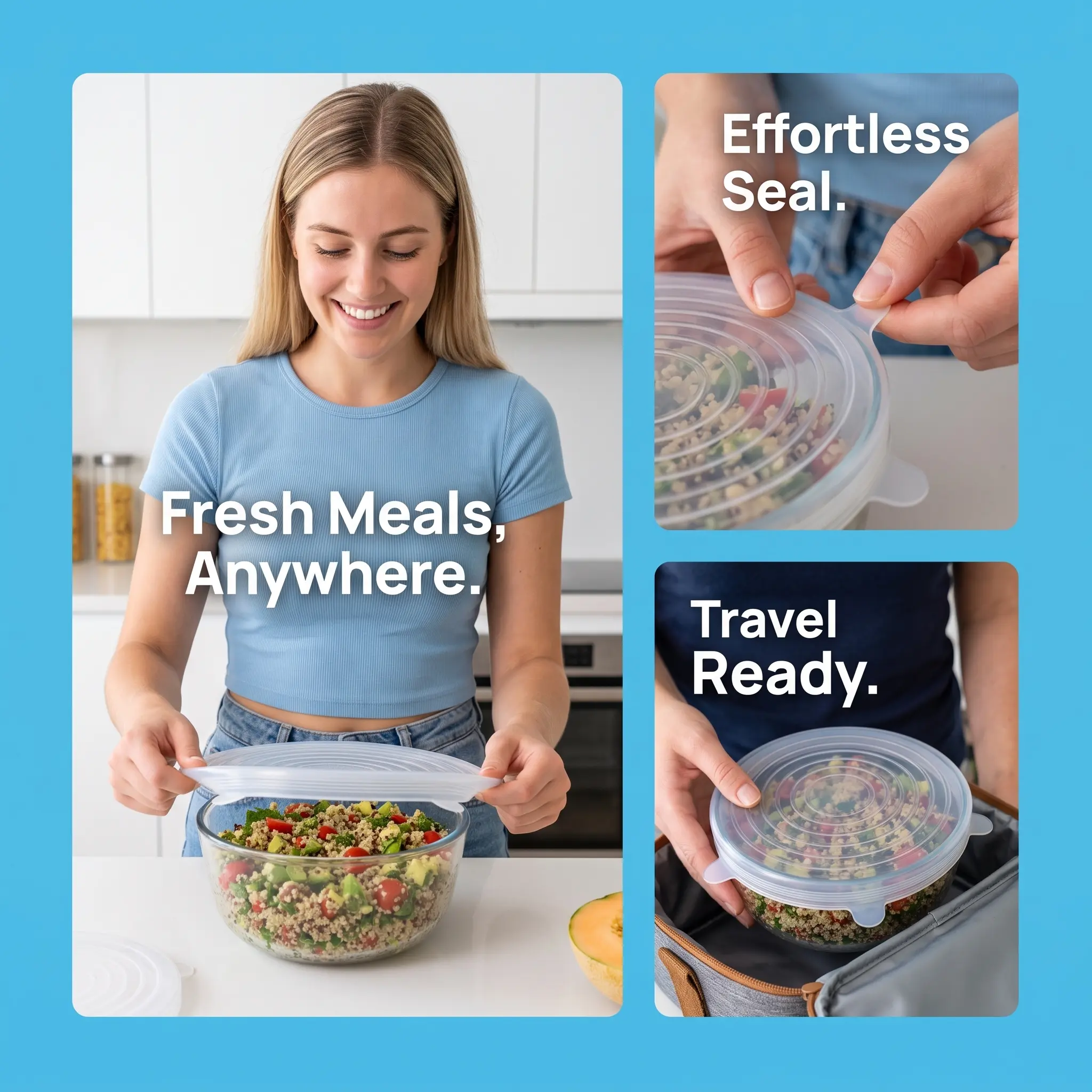 Reusable Silicone Lids 6PCS Blue Airtight Food Covers Stretchable for Containers Camping Kitchen Storage Essentials