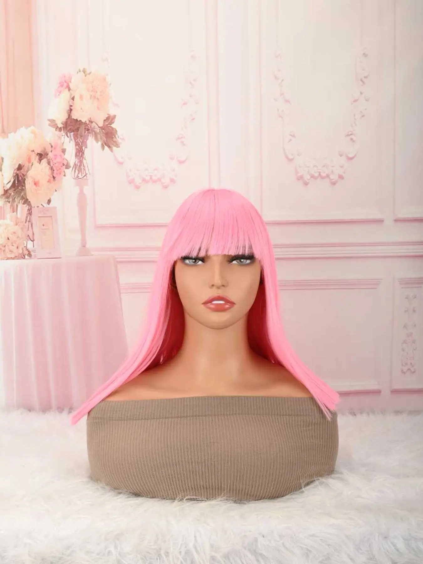 pink Bob Wig with Bangs, Short Orange Wig for Women Straight Bob Wigs Heat Resistant Synthetic wig Mia Wallace Cleopatra Cospaly Daily Party Use