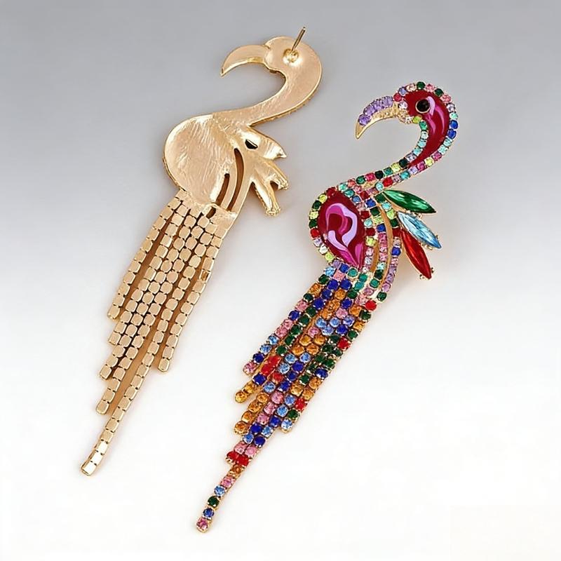 Colorful Rhinestone Flamingo Drop Earrings - Long Tassel Dangle Style - Cute & Sparkling Statement Fashion Jewelry for Women