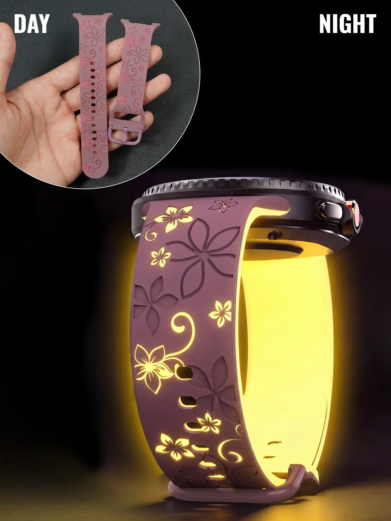 1PC, For Samsung watch 8 replacement strap, 40/44/46mm. Fluorescence Floral-engraved Silicone Smartwatch Strap. New-arrival fluorescence-designed quick-release, lightweight and breathable replacement strap. Unisex, Smartwatch Replacement Straps