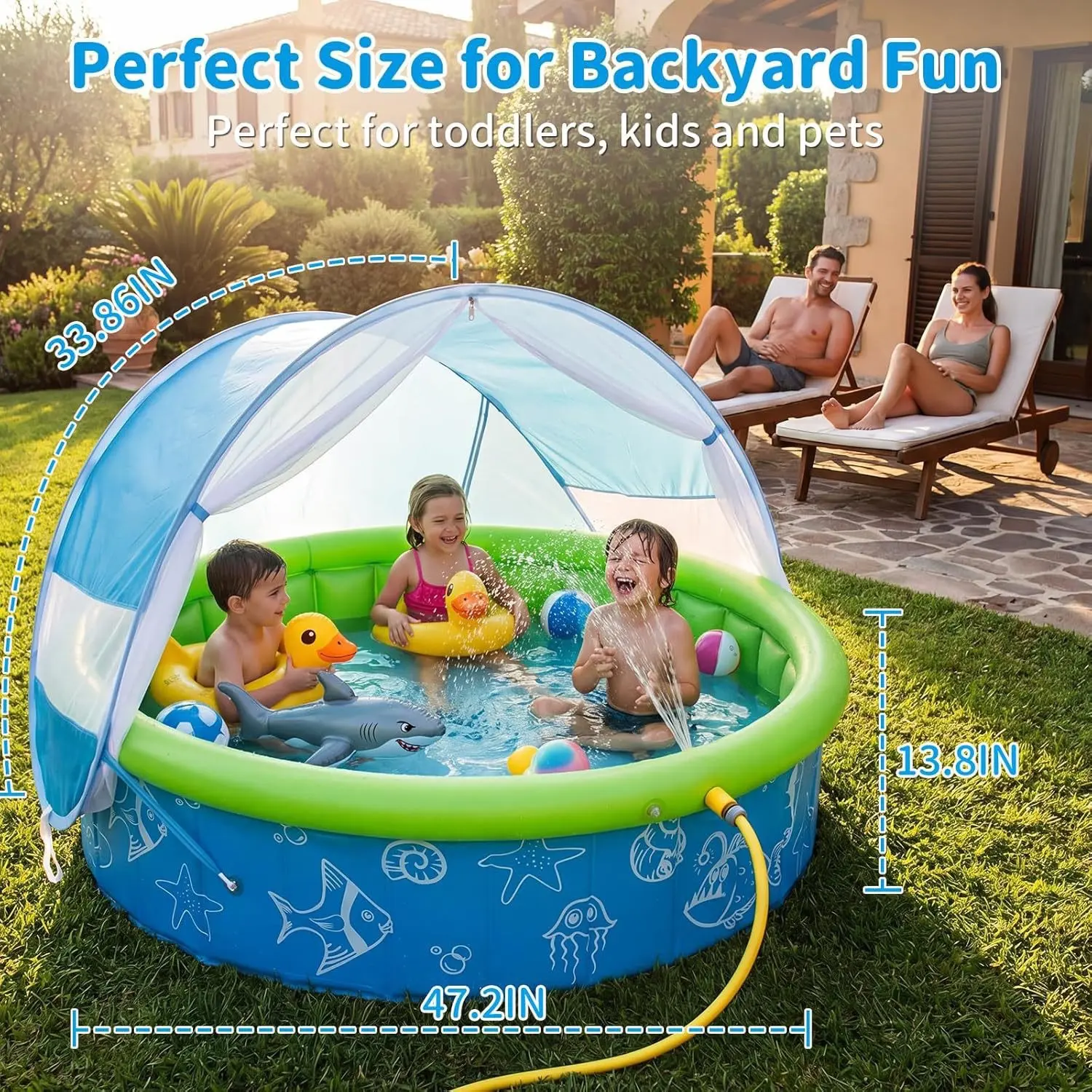 Giant Family Inflatable Pool, Splash Pad with Spf50+ Sunshade, Quick Inflate, Two Sizes Available, Perfect for Summer Backyard Fun