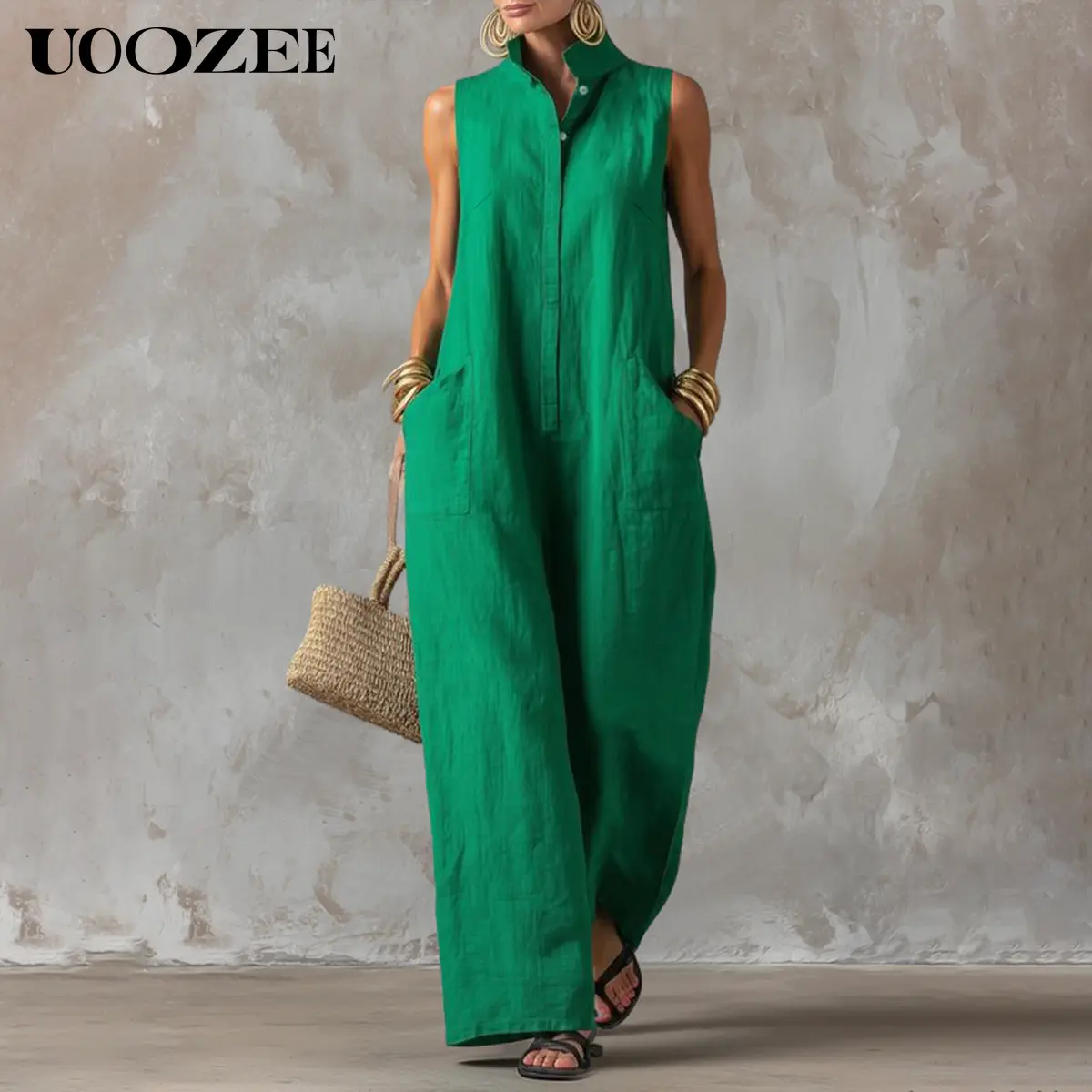 UOOZEE Women's 100% Cotton Stand Collar Sleeveless Half-Button Front Jumpsuit - Wide Leg, Functional Side Pockets, Size Up for Full Bust & C Cup+ Figures, Fashion Casual Beach Overall with Blazer & Bag Accessories, Style, Minimalist, Smart Casual, Outfits