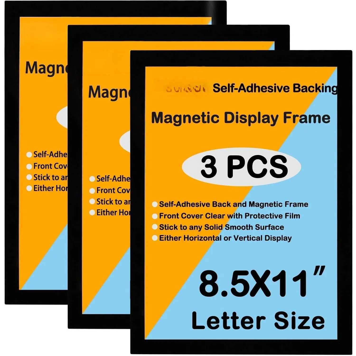 3-Pack Self-Adhesive Wall-Mount Plastic Sign Holder (8.5x11 in) - Photo & Decor Document Frame for 8.5x11 in Sheets, Office Use, Black, Fits Window & Landscape Displays