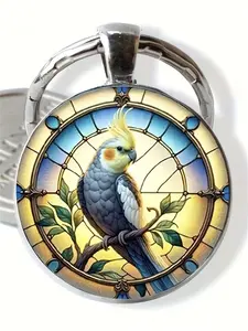 1 PC Fashion DIY Zinc Alloy Keychain, Painted Parrot Design Glass Keyring, Unisex Gift for Home, Birthday, Wedding, Christmas, Graduation, Anniversary