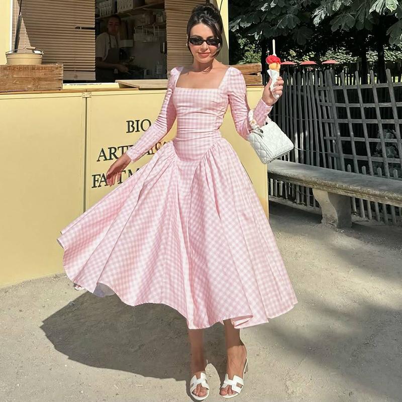 Plaid Print Square Neck Long Sleeve A-Line Midi Dress with Pleated Waist Women's 2025 Fall New Casual Elegant Dress Party Night Club Dating Holiday Vacation Outfit Dress