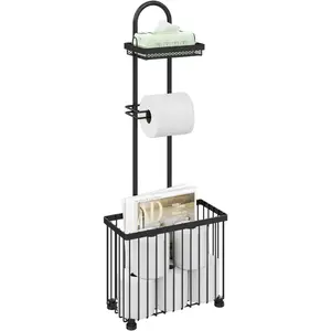 Freestanding Toilet Paper Holder Toilet Tissue Rack Scroll Stand Roll Dispenser with Storage Shelf Reserve for Phone Tablet Magazine Bathroom Organizer Bath Tissue Organizer (Black)