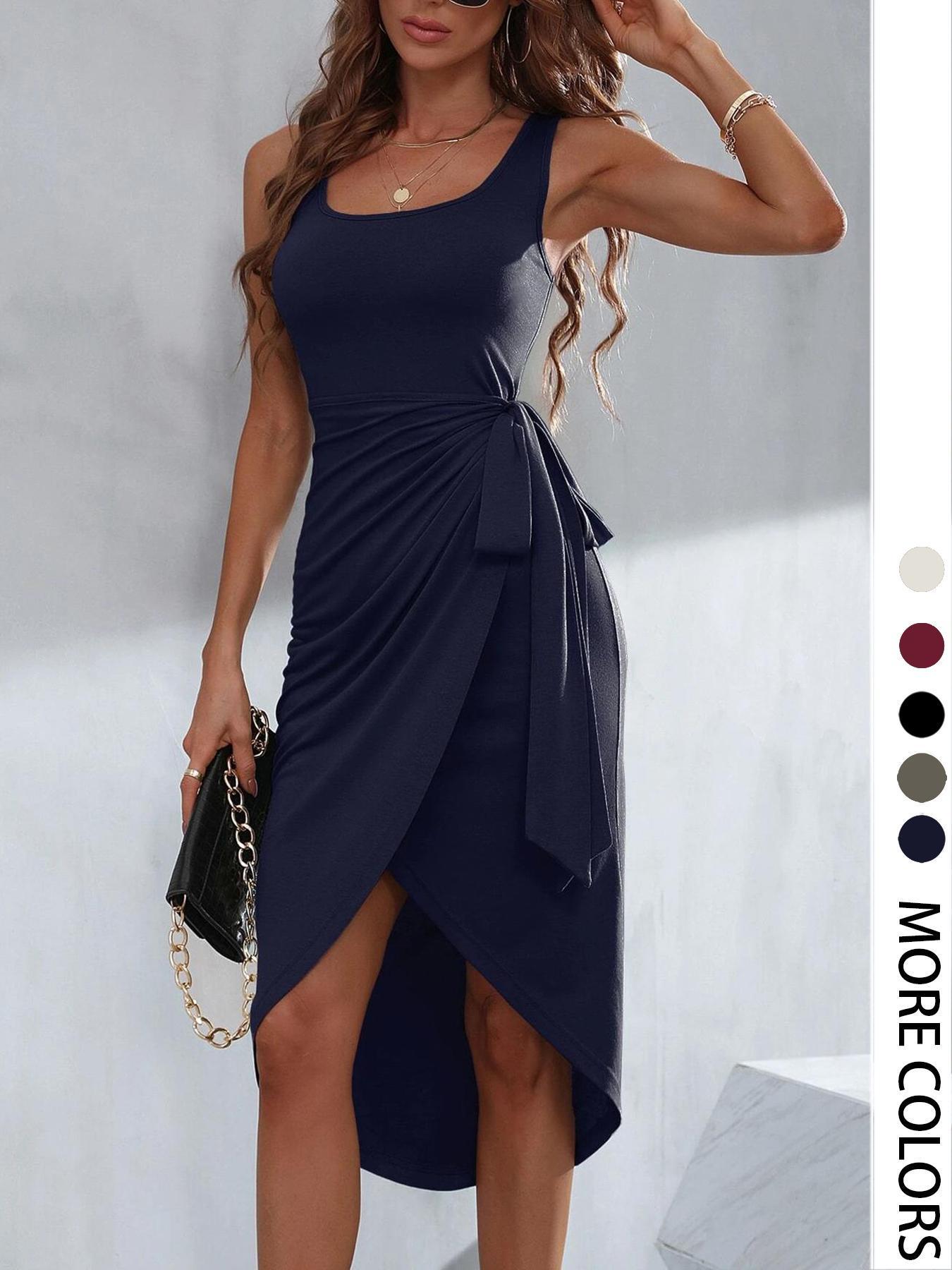 Women's Plain Dress, Casual Sleeveless Dress for Summer, Women's Clothing for Daily Wear, Elegant Draped Style