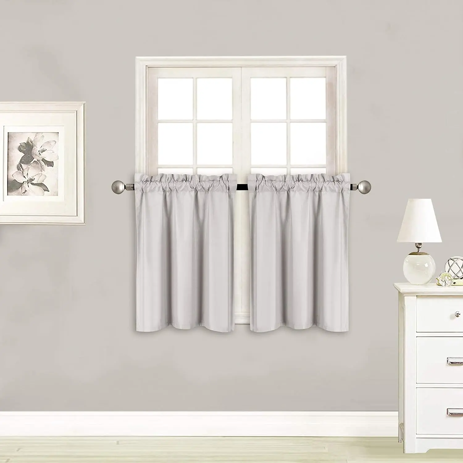 2-Panel Heavy-Duty Polyester Modern Insulated Blackout Short Curtain Tiers, 30" W x 24" L Each, for Kitchen/Bath Small Windows #R16 (Grey), Short Panels