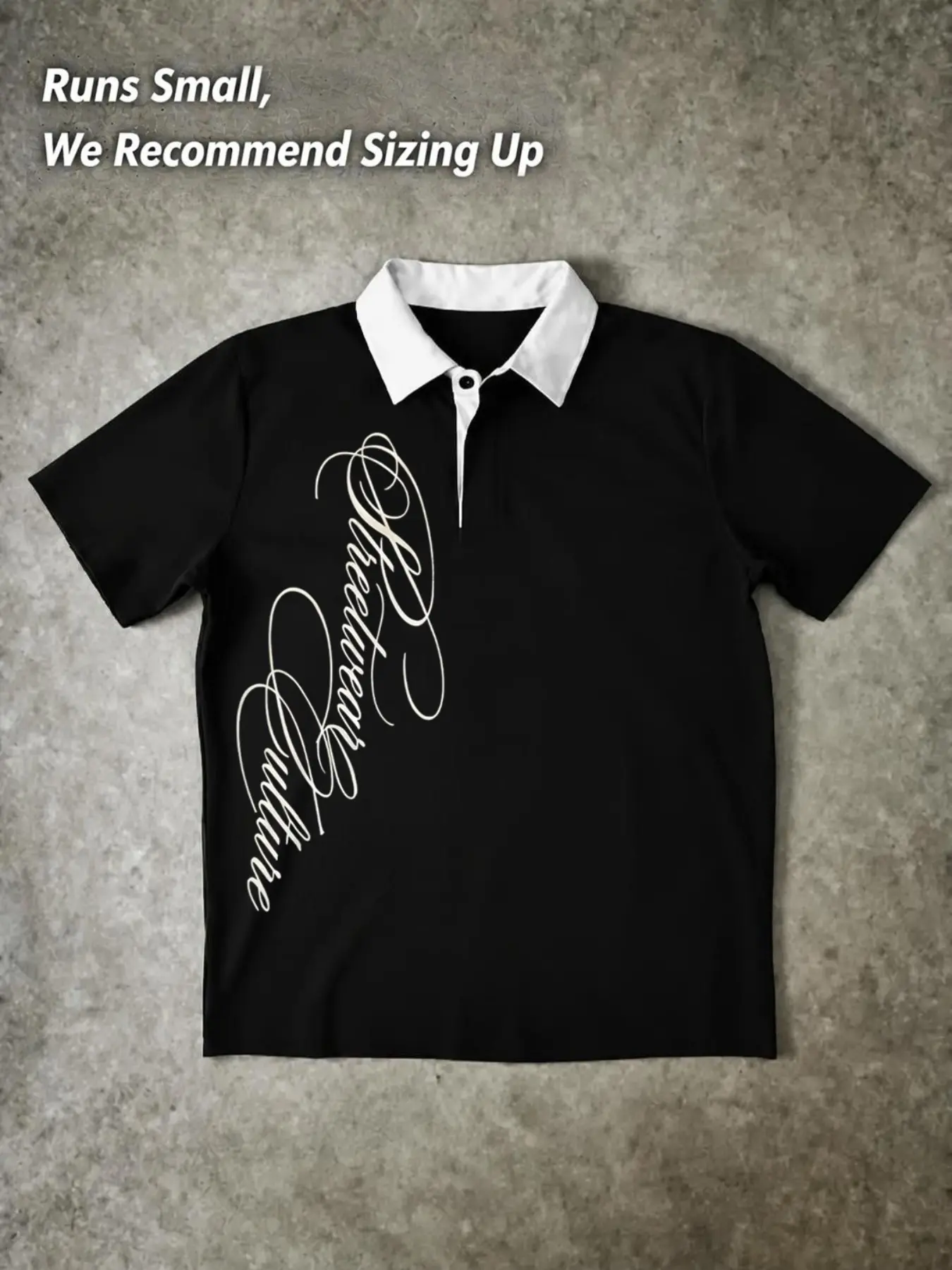 Contrast Collar Short Sleeve Polo Shirt, Vertical Cursive Streetwear Culture Letter Graphic Print Casual Polo Top, Button Placket Loose Fit Tee, Y2K Minimalist Streetwear Polo Shirt For Men Trendy Daily Vintage Hip Hop Casual Street Fashion Outfit