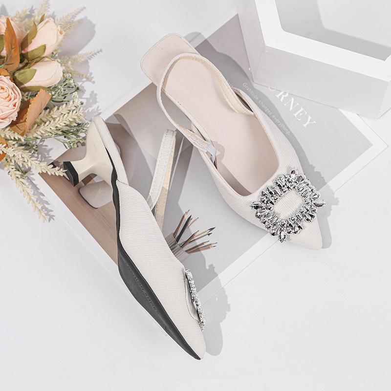 Women Summer Sandals Rhinestone Square Buckle Fairy Style Open Back French Style Stiletto Pointed Toe