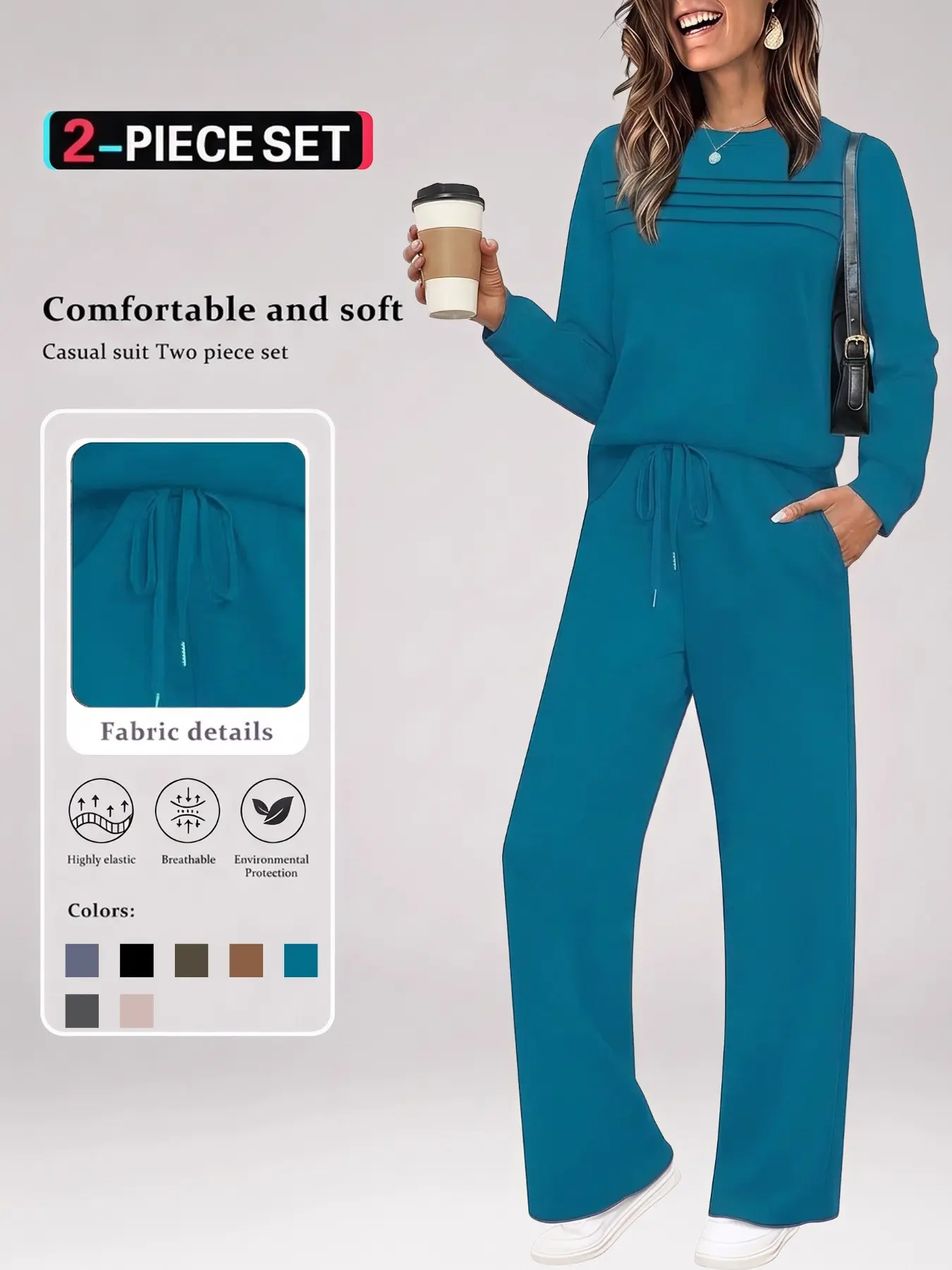 Women's 2 Piece Lounge Set, Long Sleeve Crew Neck Top & High Waisted Wide Leg Pants with Pockets, Casual Matching Outfit with Drawstring Waist, Soft Stretchy Cozy Loungewear Set for Women, Travel & Everyday Wear