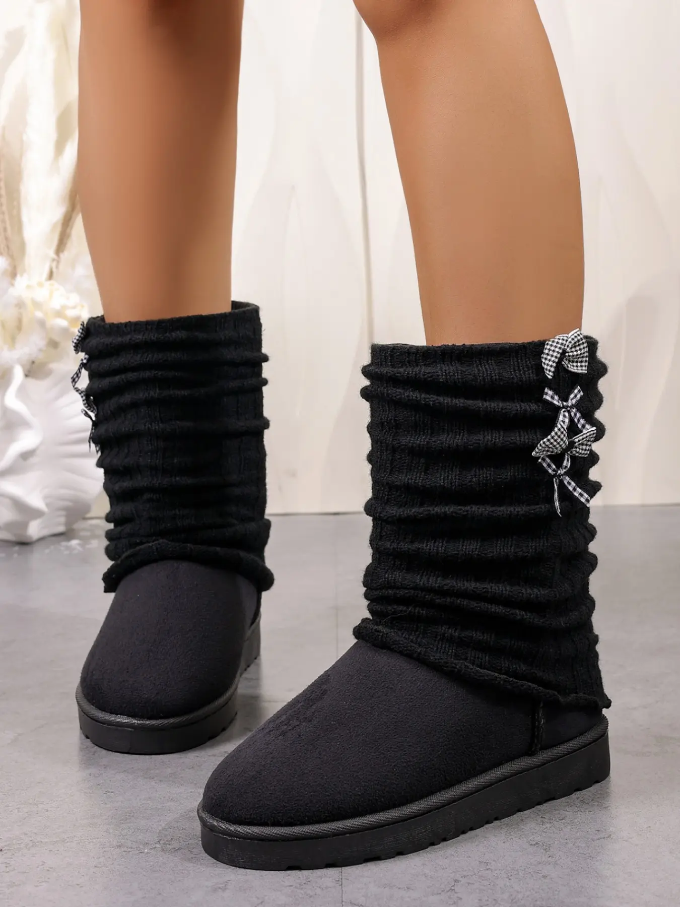 Women's New Knit High Top Boots, Rhinestone Bow Design, Suede Thick Long Boot, Korean Style, Casual Daily Wear, Office, Shopping, Home