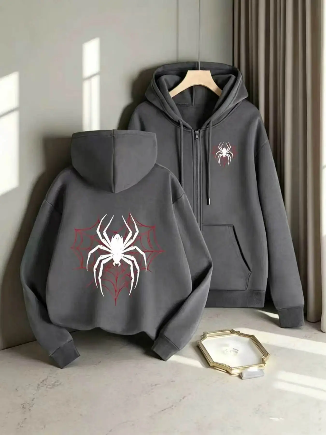 Minimalist Spider Web Open Front Baggy Hoodie Sweatshirts, Drop Shoulder Casual Long Sleeve Top for Men, Fall Season Graphic Pattern
