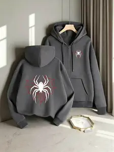 Minimalist Spider Web Open Front Baggy Hoodie Sweatshirts, Drop Shoulder Casual Long Sleeve Top for Men, Fall Season Graphic Pattern