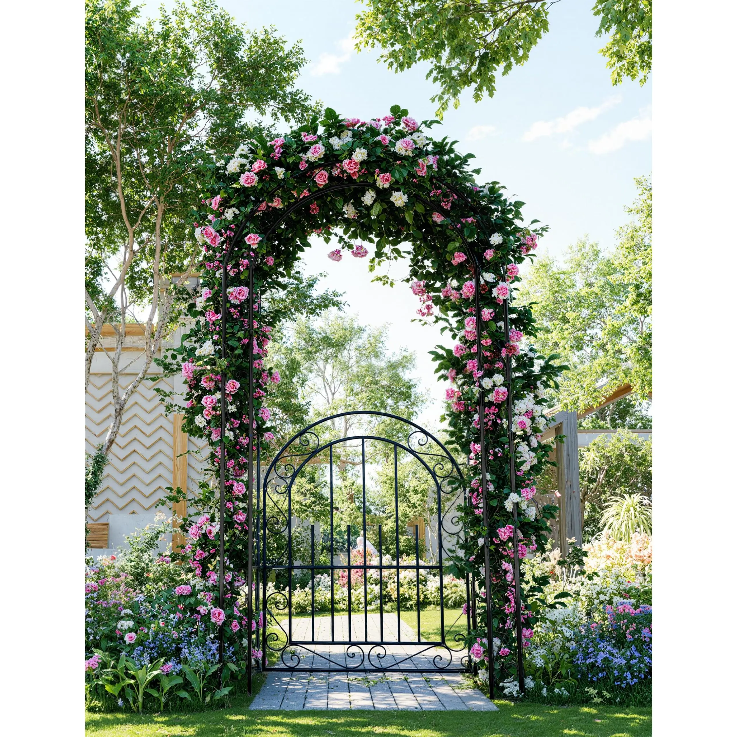 85" Heavy Duty Steel Garden Arch with Gate,Metal Garden Arch Trellis for Climbing Plants Outdoor with Gate, Garden Arbors and Arches, Arch Frame Archway for Balloons Party Decoration, Black