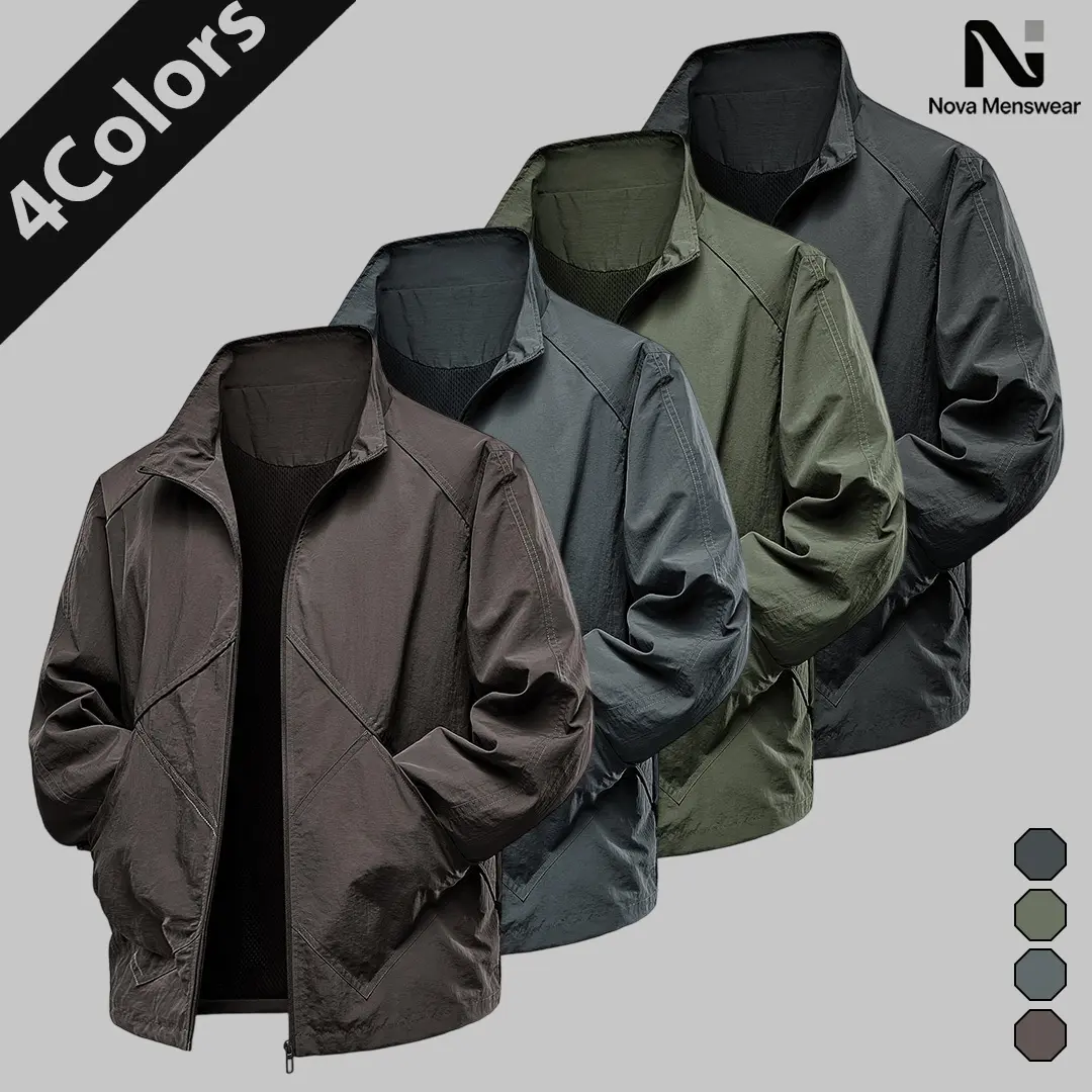 Men's Lightweight Nylon Polyamide Bomber Windbreaker Jacket - Stand Collared Neck, Full Zip, Mesh Lined, Geometric Seam, Minimalist, Wind Resistant Tops, Lapel, Street Techwear - Machine Wash Casual Athletic Outerwear for Running
