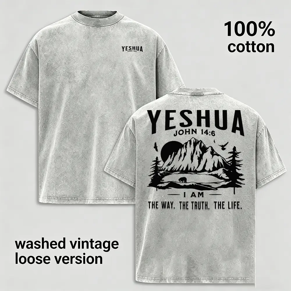 Vintage Acid Wash T Shirt Men Oversized Cotton Tee Streetwear, Yeshua John 14:6 I Am The Way Truth Life Christian T-Shirt, Faith Cross Retro Short Sleeve Tops, Gift for Husband Boyfriend, Light Grey Heavyweight Loose Fit Clothing