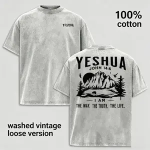 Vintage Acid Wash T Shirt Men Oversized Cotton Tee Streetwear, Yeshua John 14:6 I Am The Way Truth Life Christian T-Shirt, Faith Cross Retro Short Sleeve Tops, Gift for Husband Boyfriend, Light Grey Heavyweight Loose Fit Clothing