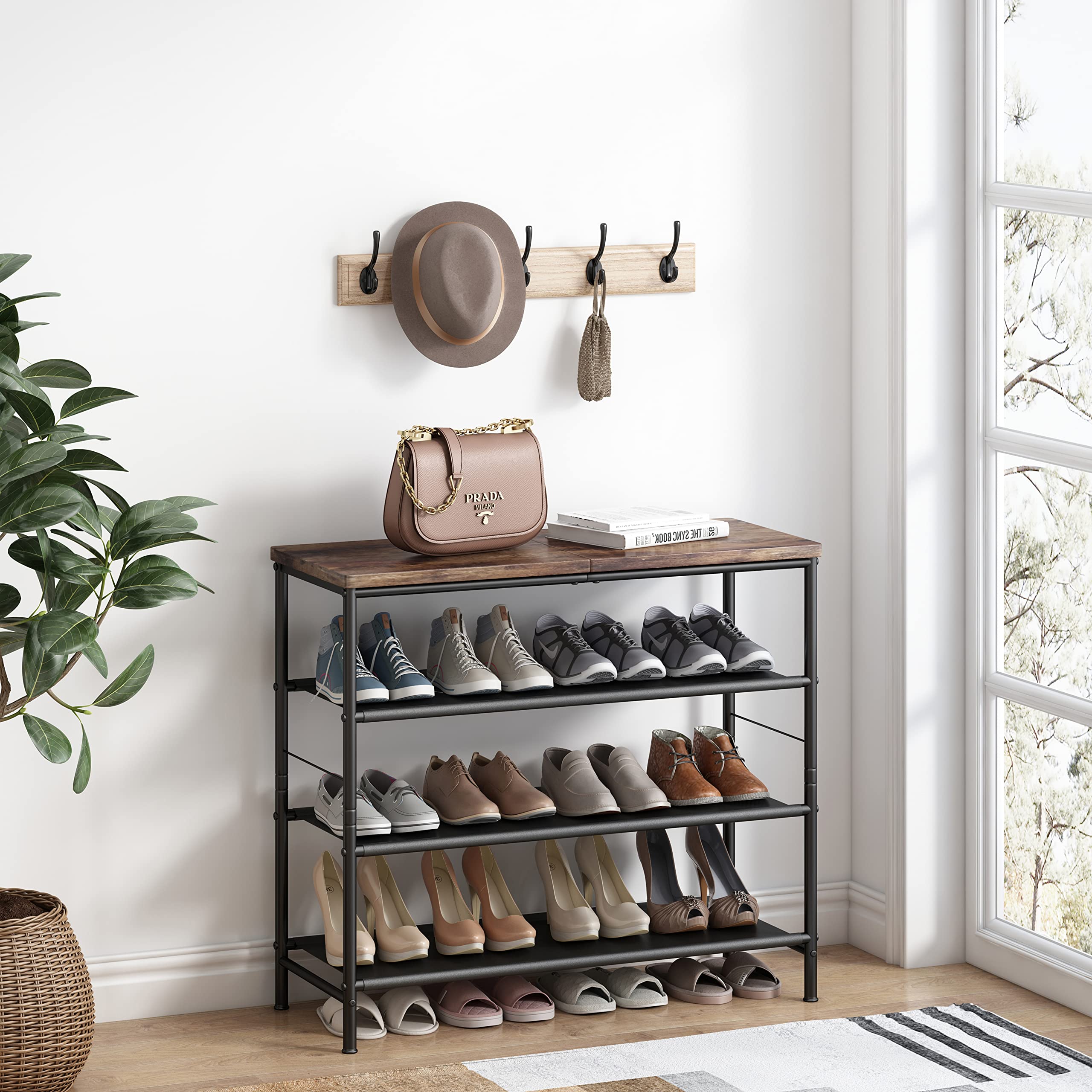 Shoe Rack Organizer 4/ 5/ 6/ Tier Metal Organizer Shelf with Industrial MDF Board and Layer Fabric for Entryway Closet Bedroom Living Room Garage,Black & Rustic Brown【A001】 Deals For You Days Footwear Organization summerwins