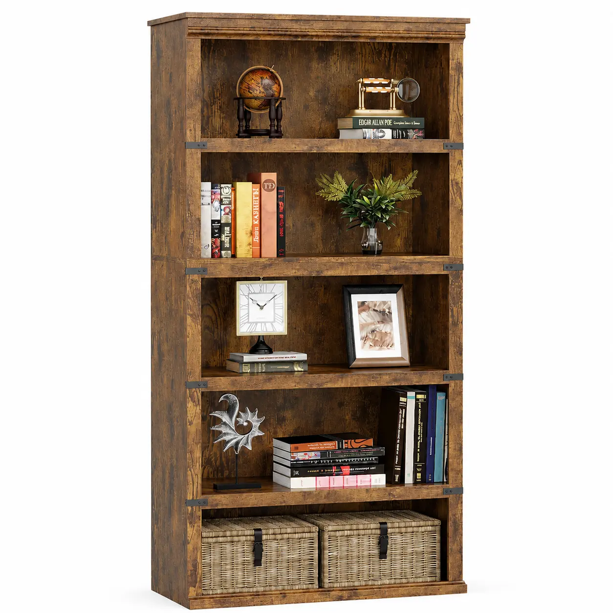 Garvee 5 Tier Tall Bookshelf, Farmhouse Open Bookcase with Storage Shelves, 67 Inch Freestanding Wooden Display Shelf with Anti-Tip Kit, Rustic Industrial Bookcase for Home Office, Living Room, Bedroom, Books, Plants & Decor