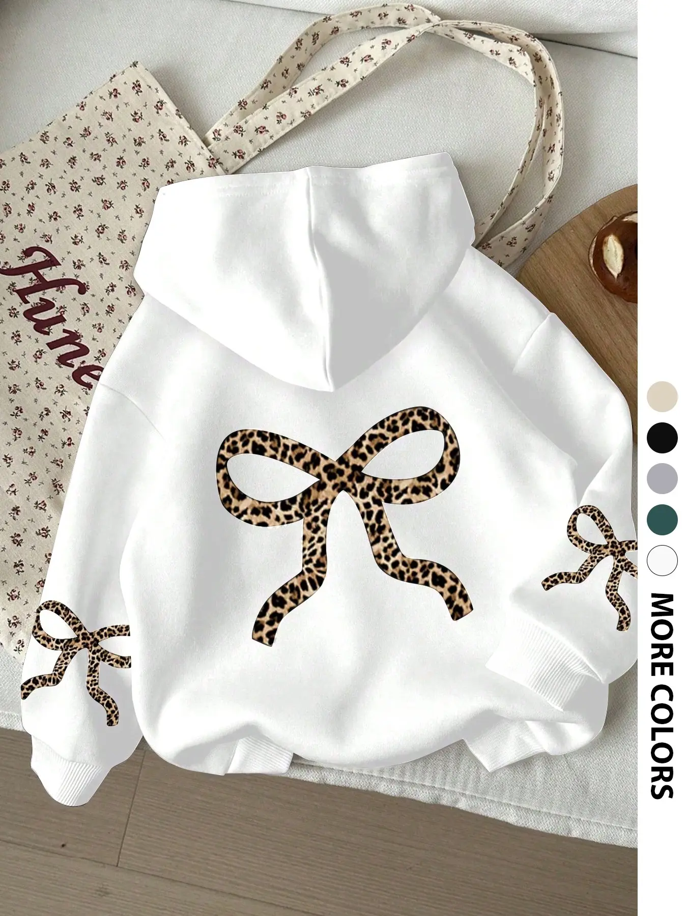 Women's Leopard Print Bow Tie Sweatshirt, Casual Loose-Fit Long Sleeve Hoodie with Drawstring Pockets, Fall Winter Outerwear for Daily Wear