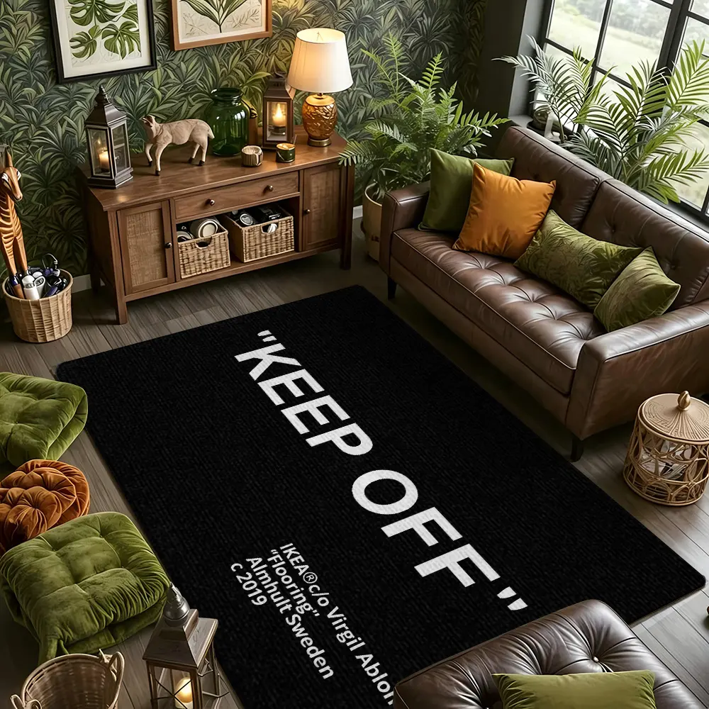 Black Base KEEP OFF Letter Fashion Flannel Living Room Decorative Rug Home Decor Rugs #KEEPOFFLetterFashionRug #VirgilAblohCooperationMat #FlannelCarpet #StreetTrendyHomeDecor